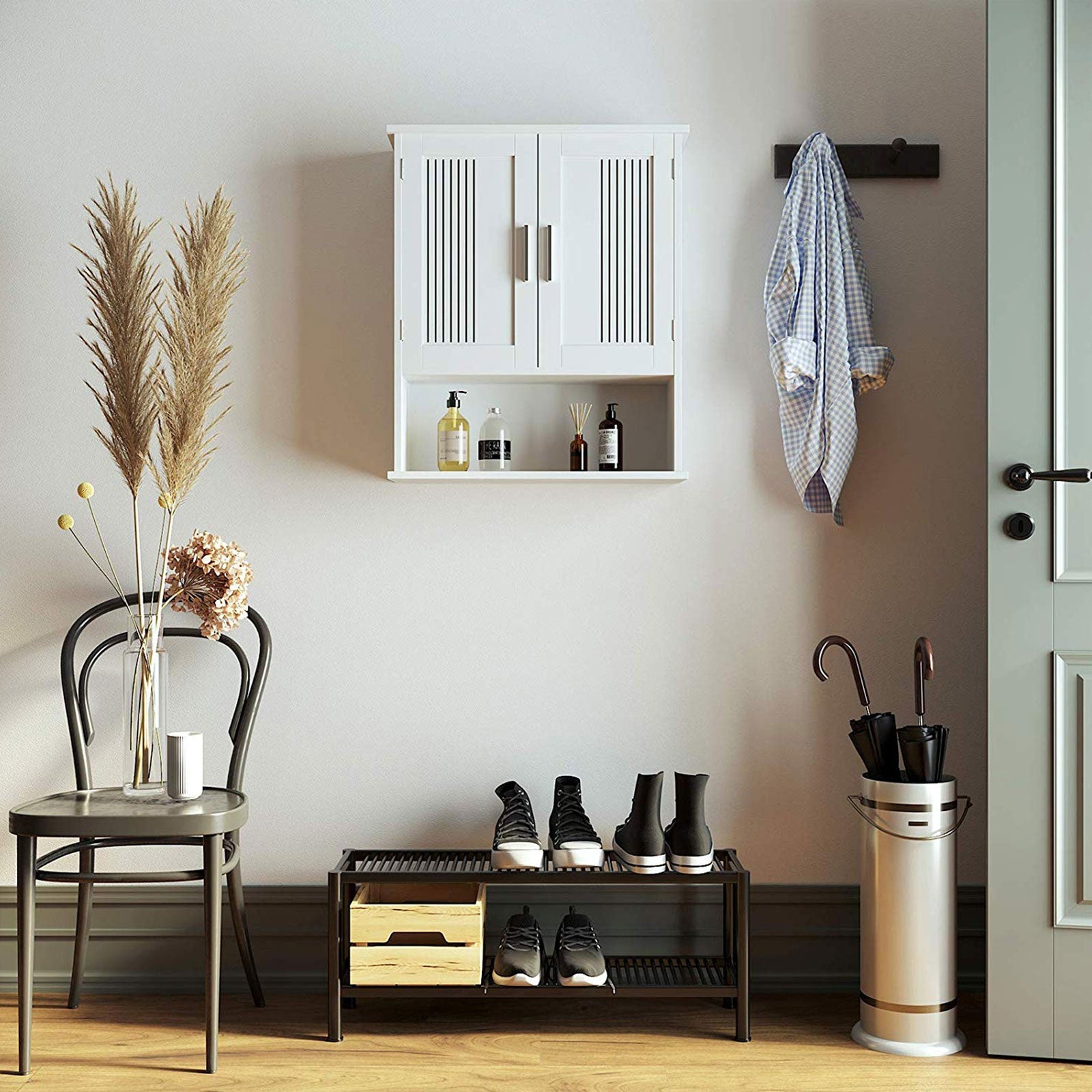 Wall Cabinet – Wood – White – Adjustable Shelf with Double Doors and Open Shelf