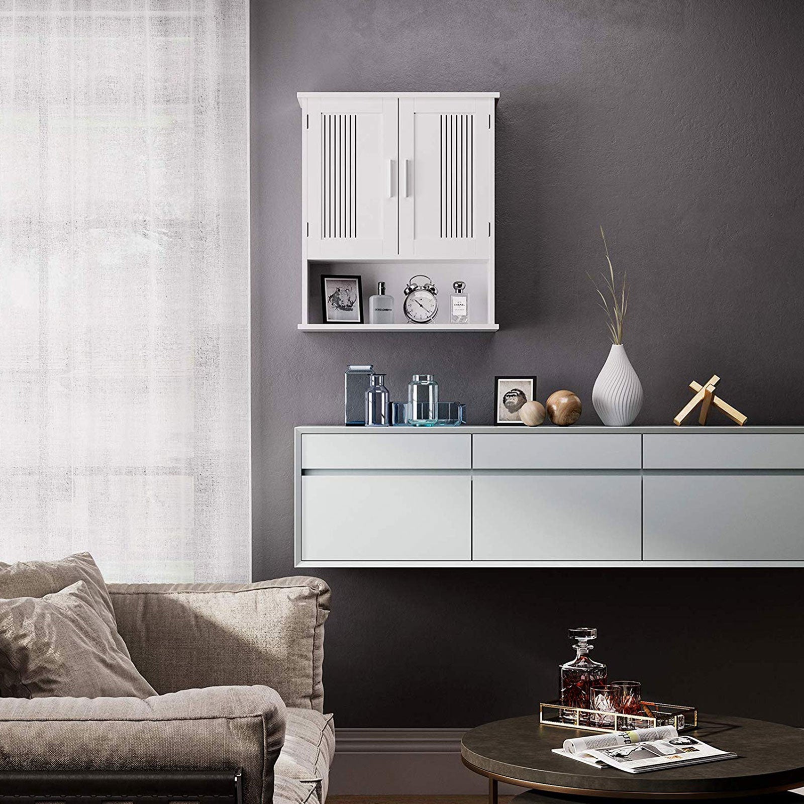 Wall Cabinet – Wood – White – Adjustable Shelf with Double Doors and Open Shelf