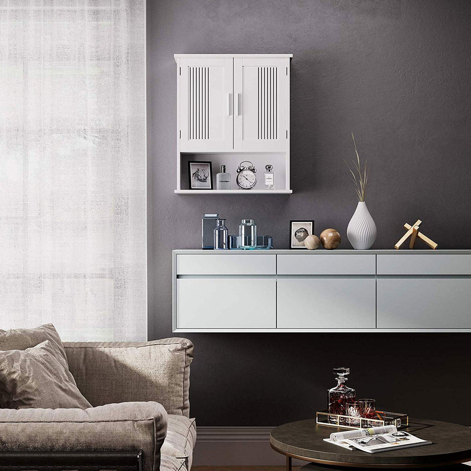 Wall Cabinet – Wood – White – Adjustable Shelf with Double Doors and Open Shelf
