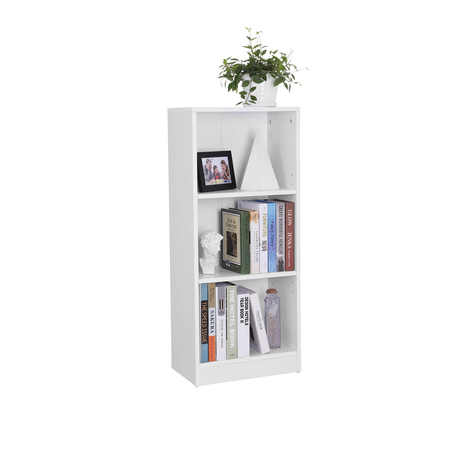 3-Tier Bookcase – Wooden – White – Adjustable Shelves and File Organizer
