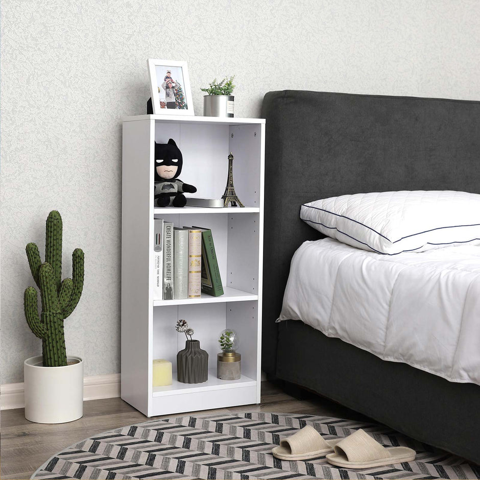 3-Tier Bookcase – Wooden – White – Adjustable Shelves and File Organizer