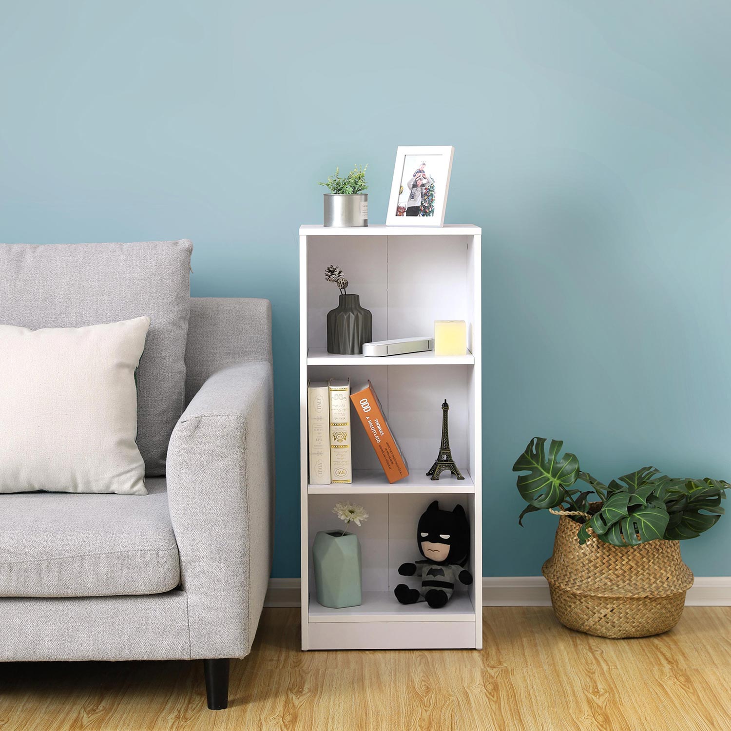 3-Tier Bookcase – Wooden – White – Adjustable Shelves and File Organizer