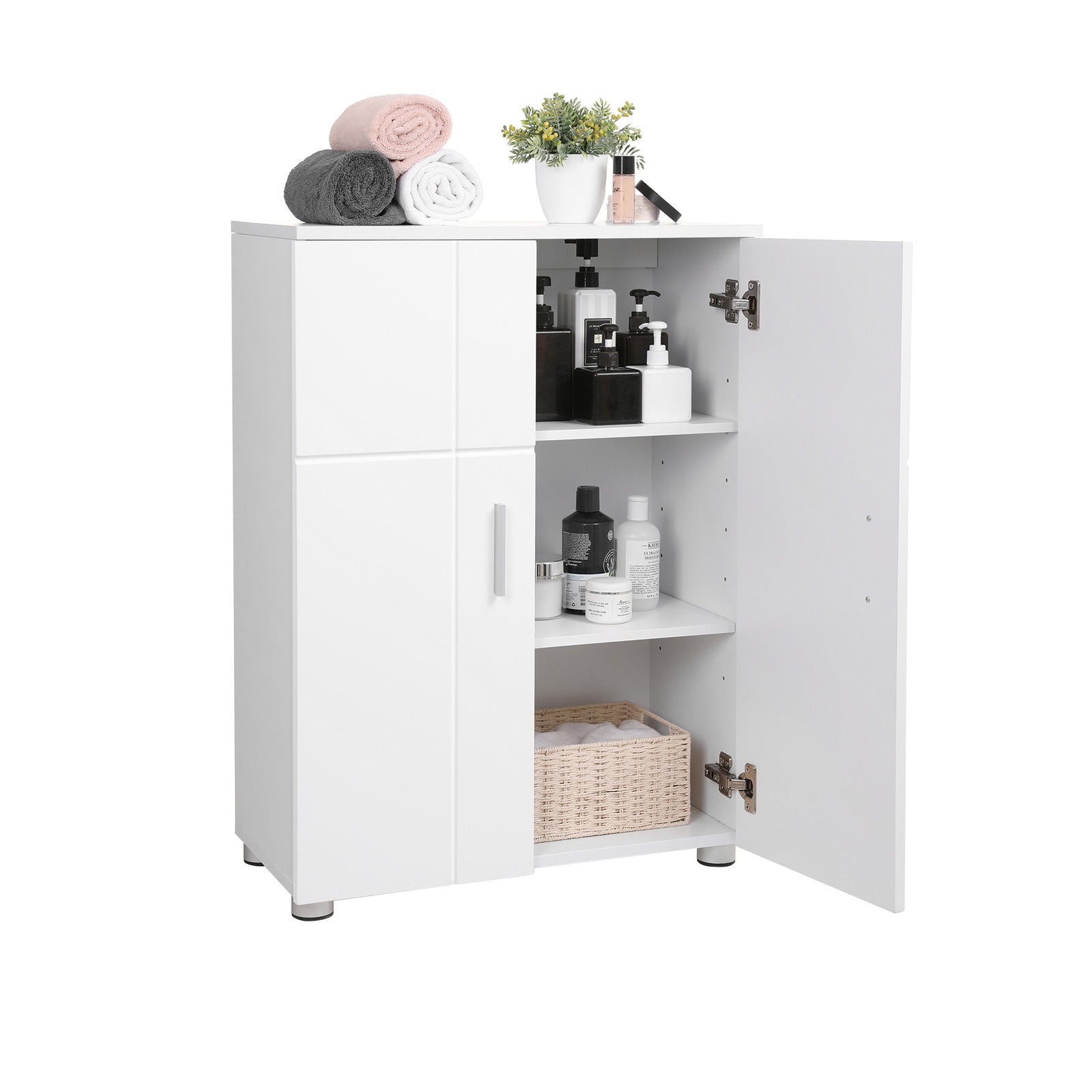 Floor Cabinet – Engineered Wood – White – Double Door with Adjustable Shelves and Buffer Hinges