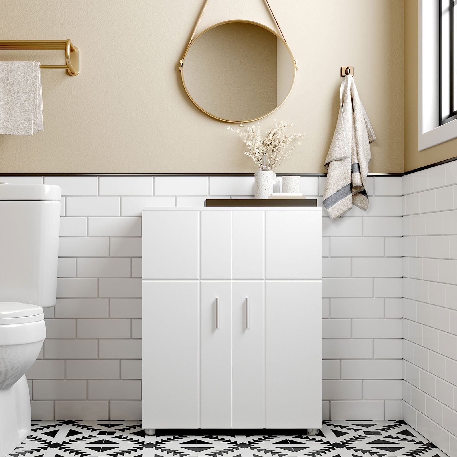 Floor Cabinet – Engineered Wood – White – Double Door with Adjustable Shelves and Buffer Hinges