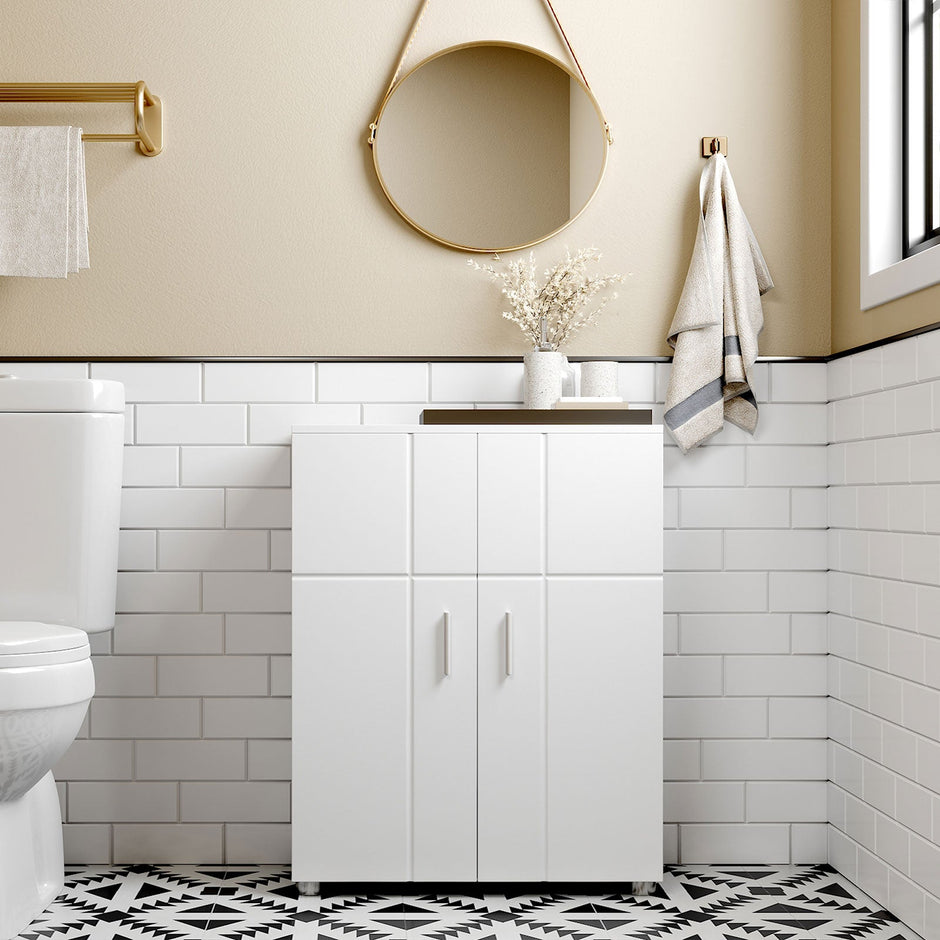 Floor Cabinet – Engineered Wood – White – Double Door with Adjustable Shelves and Buffer Hinges