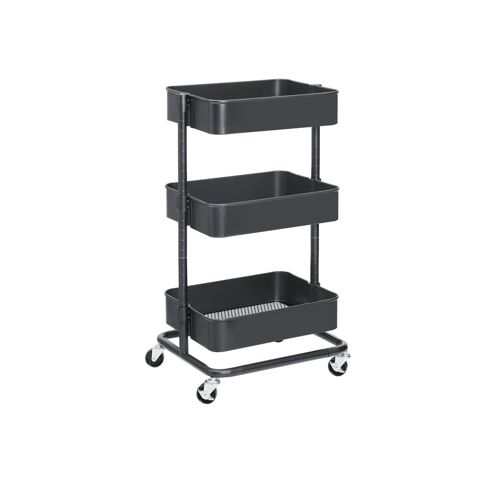 Rolling Cart – Metal – Black – 3-Tier with Height Adjustable Shelves and Brakes