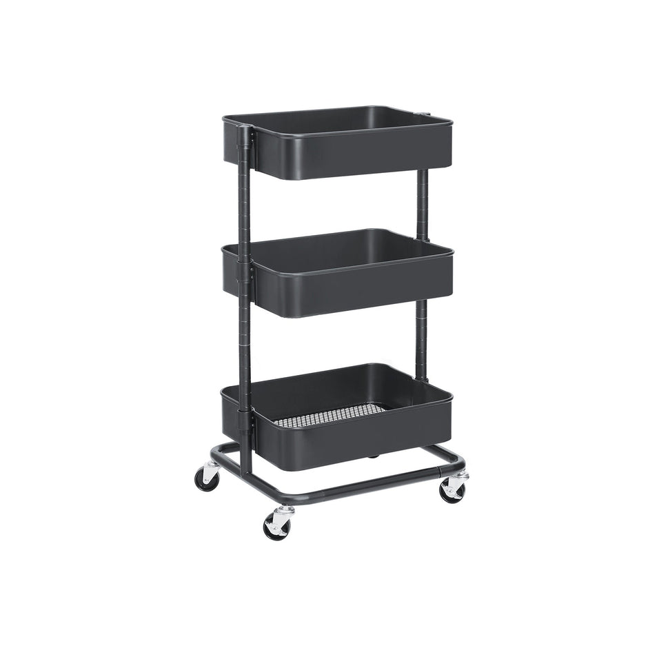 Rolling Cart – Metal – Black – 3-Tier with Height Adjustable Shelves and Brakes