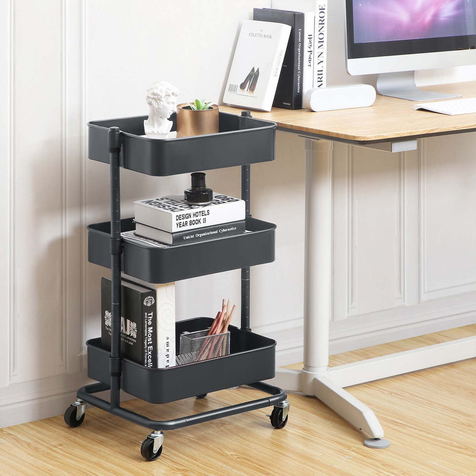 Rolling Cart – Metal – Black – 3-Tier with Height Adjustable Shelves and Brakes