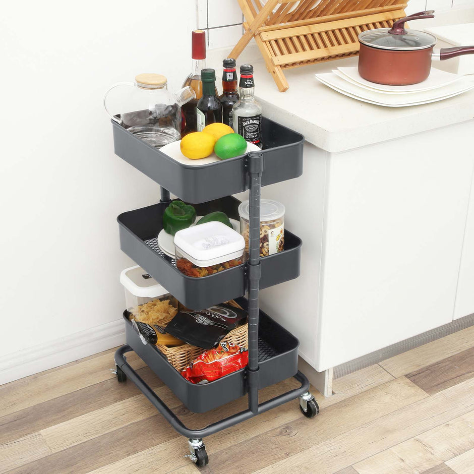 Rolling Cart – Metal – Black – 3-Tier with Height Adjustable Shelves and Brakes