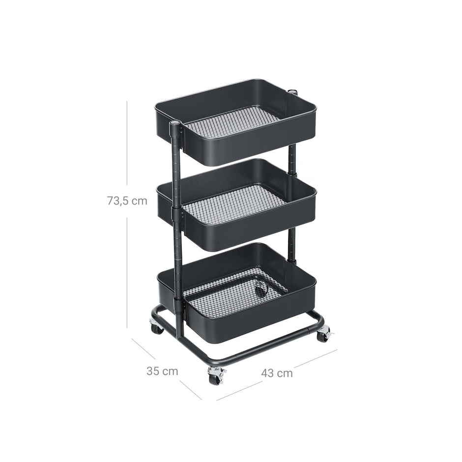 Rolling Cart – Metal – Black – 3-Tier with Height Adjustable Shelves and Brakes