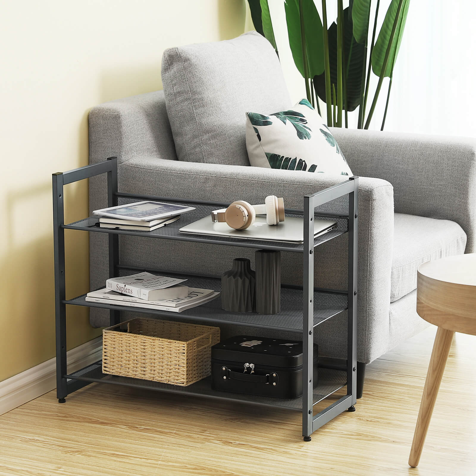 Shoe Rack – Metal Mesh – Black – Angle Adjustable, 3 Tiers for 9 Pairs