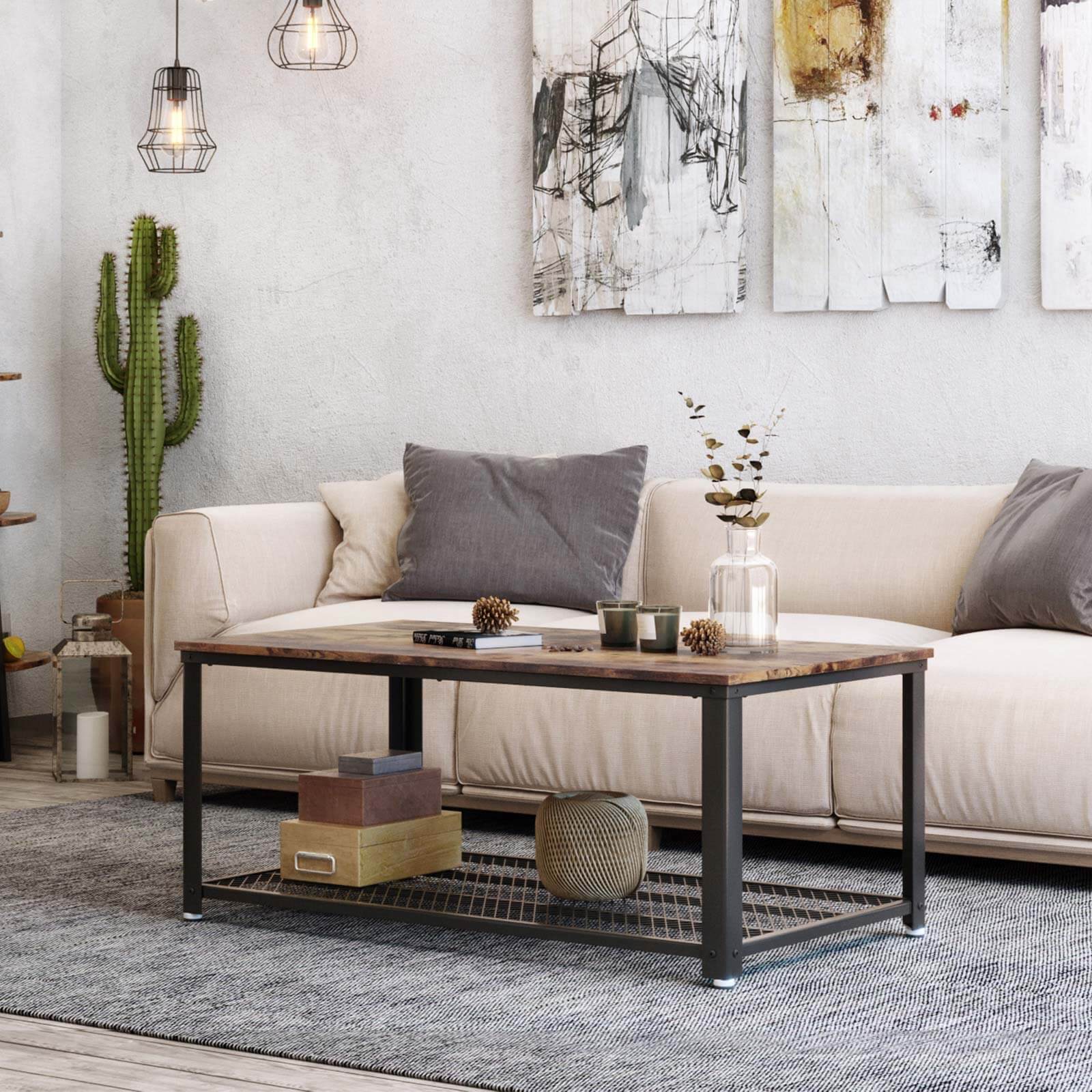 Coffee Table – Wood and Metal – Rustic Brown – Industrial Design with Storage Shelf