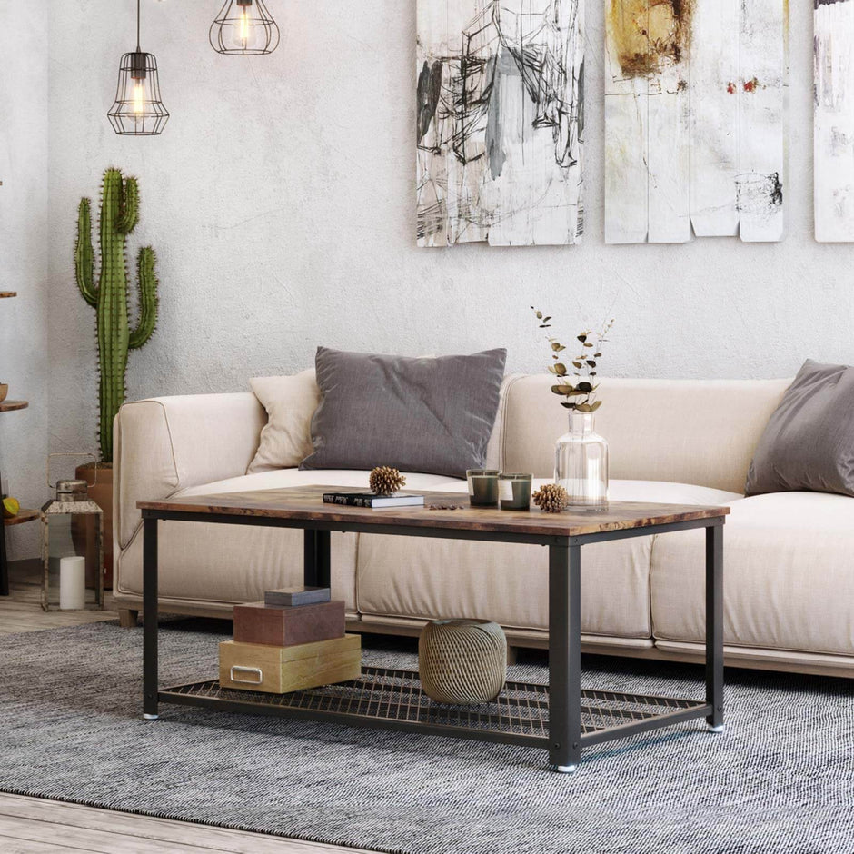 Coffee Table – Wood and Metal – Rustic Brown – Industrial Design with Storage Shelf