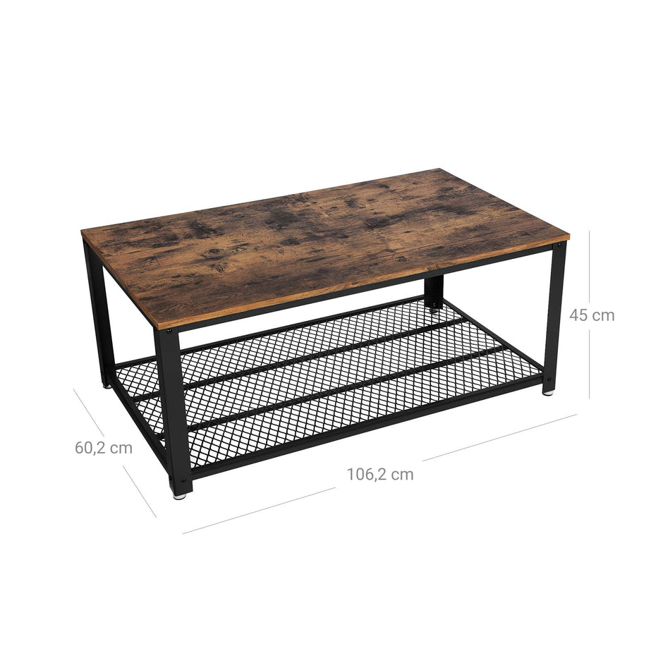 Coffee Table – Wood and Metal – Rustic Brown – Industrial Design with Storage Shelf