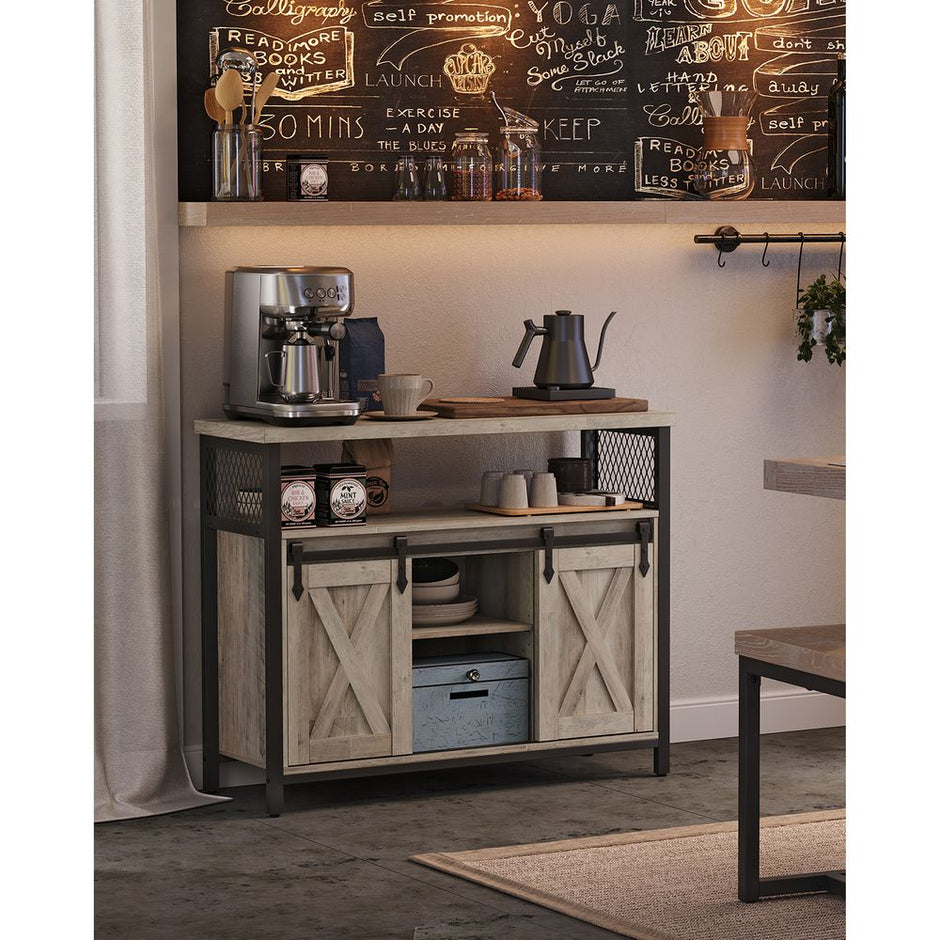 Kitchen Cabinet – Wood – Rustic Brown and Black – 2 Sliding Barn Doors, Adjustable Shelf