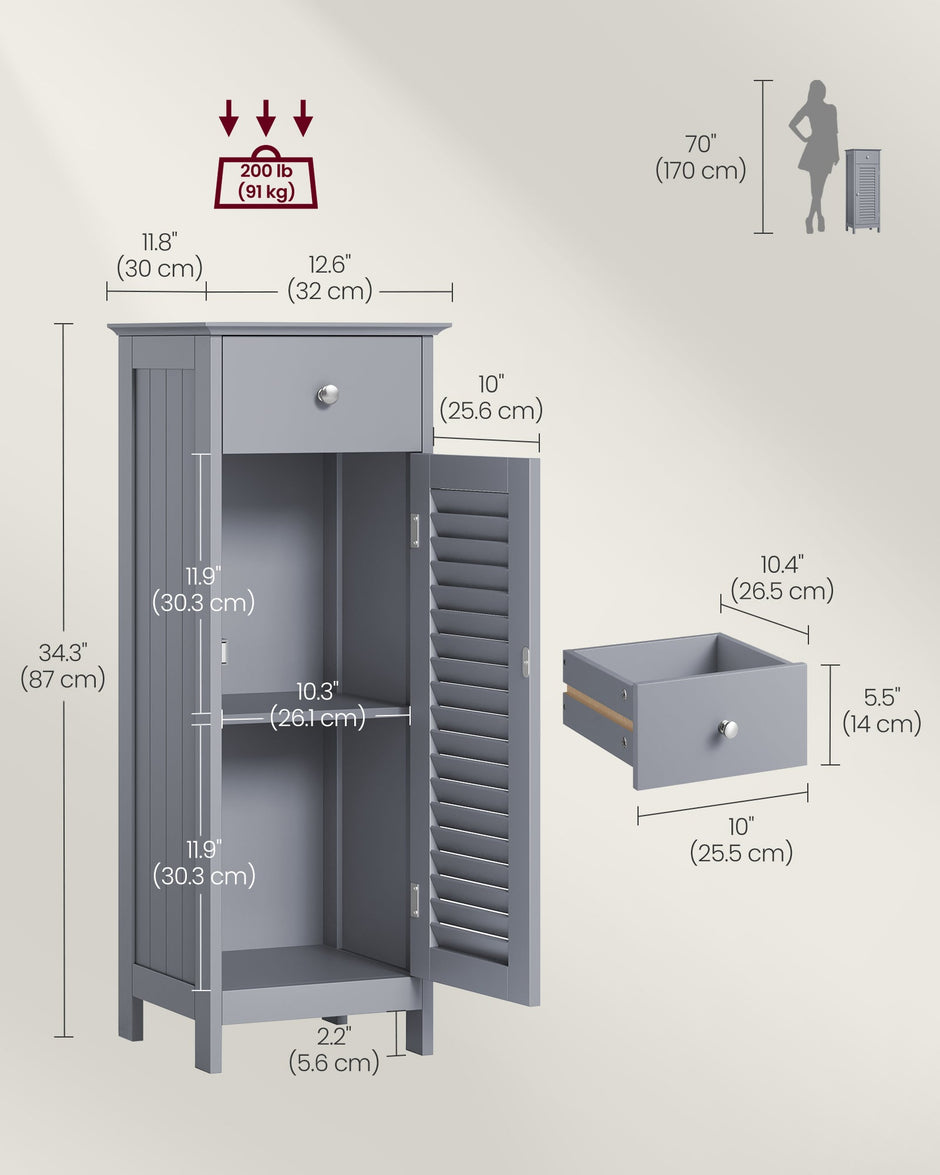 Bathroom Storage Cabinet – Wood – Dove Grey – Freestanding with Drawer and Shutter Door
