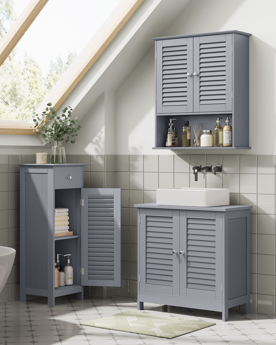 Bathroom Storage Cabinet – Wood – Dove Grey – Freestanding with Drawer and Shutter Door