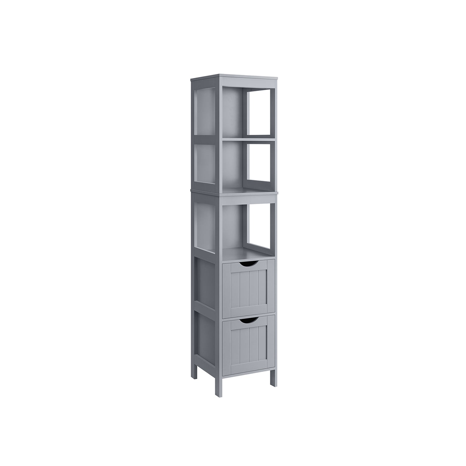 Bathroom Tall Cabinet – Wood – White – Freestanding Storage with 2 Drawers and 3 Open Shelves
