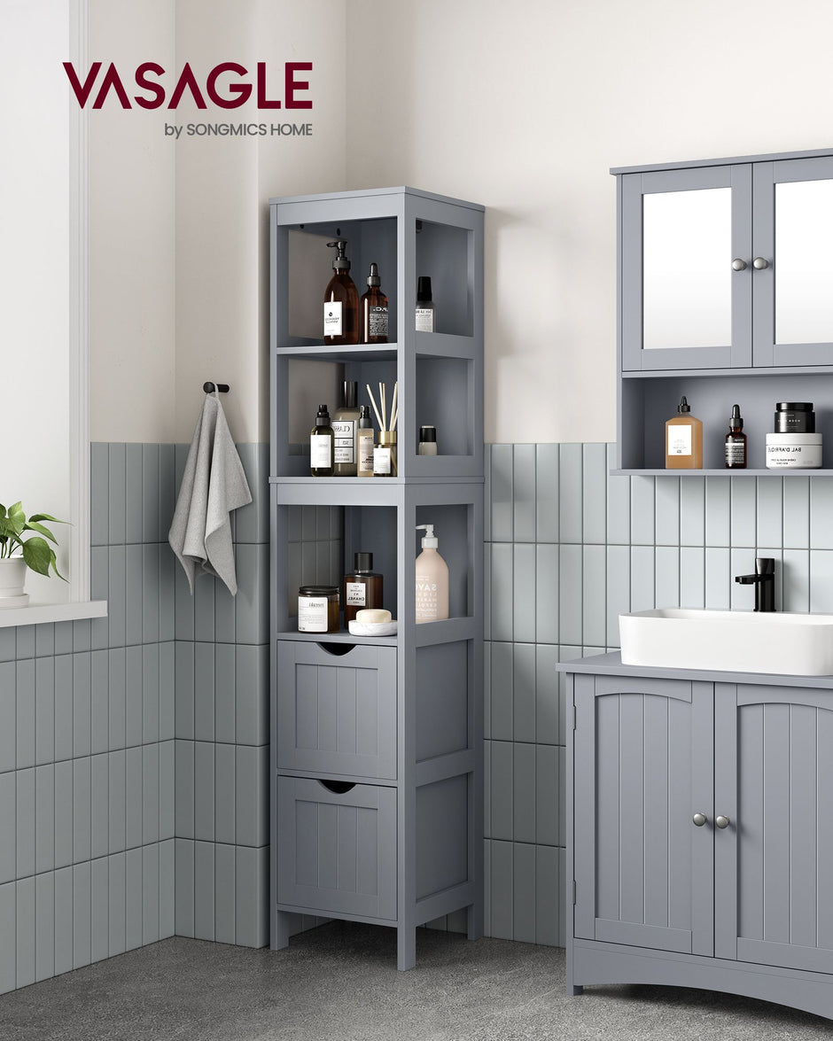 Bathroom Tall Cabinet – Wood – White – Freestanding Storage with 2 Drawers and 3 Open Shelves