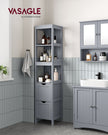Bathroom Tall Cabinet – Wood – White – Freestanding Storage with 2 Drawers and 3 Open Shelves