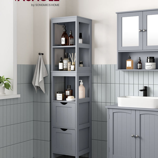 Bathroom Tall Cabinet – Wood – White – Freestanding Storage with 2 Drawers and 3 Open Shelves