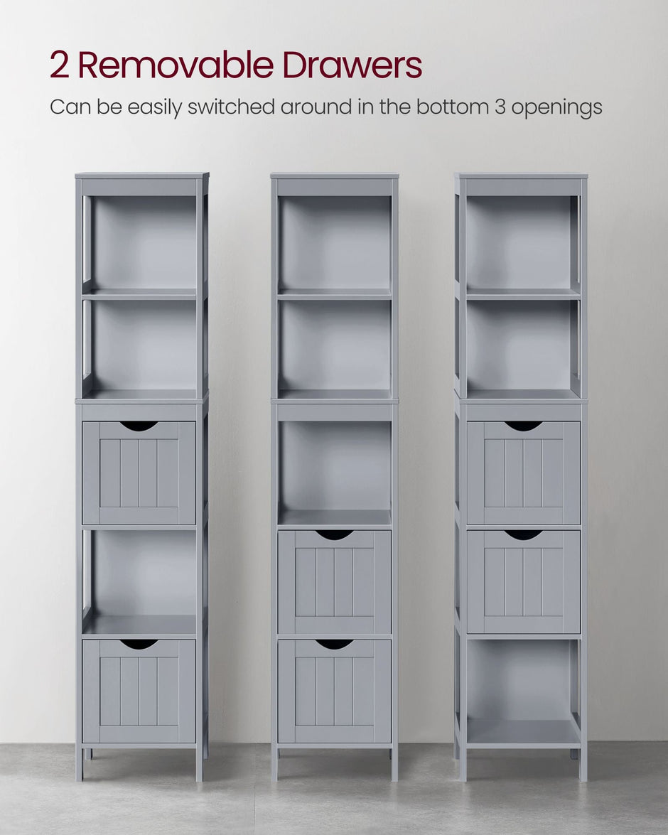 Bathroom Tall Cabinet – Wood – White – Freestanding Storage with 2 Drawers and 3 Open Shelves