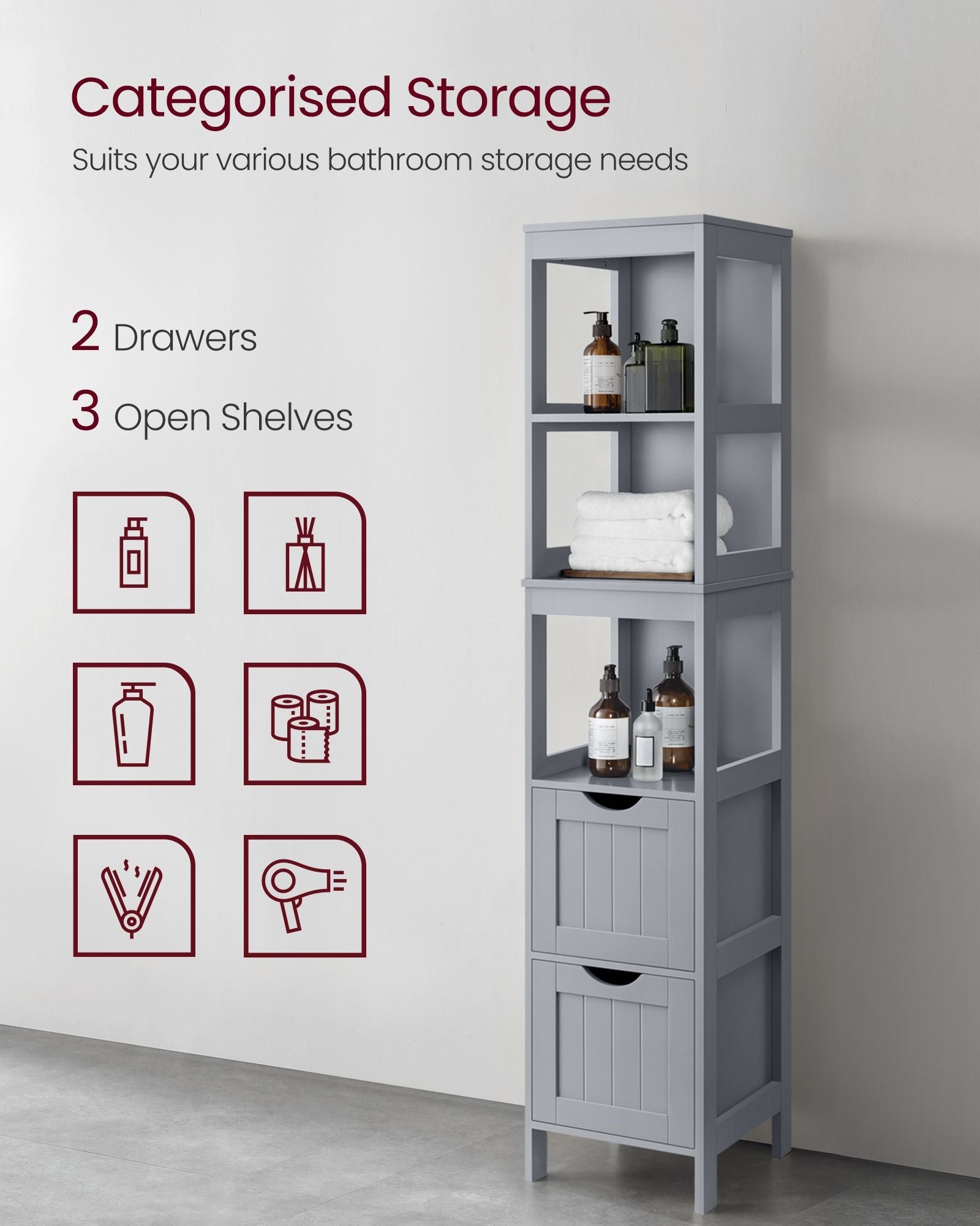 Bathroom Tall Cabinet – Wood – White – Freestanding Storage with 2 Drawers and 3 Open Shelves