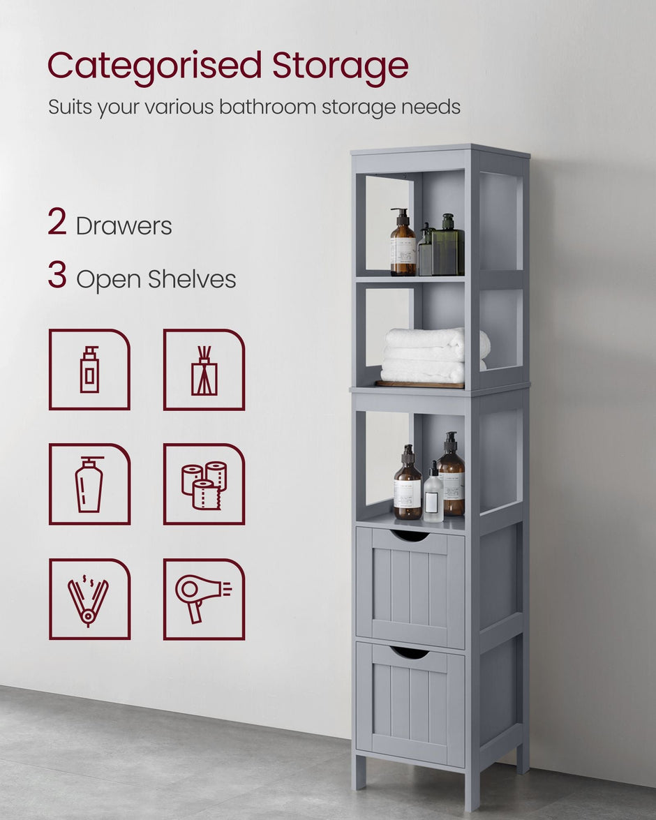 Bathroom Tall Cabinet – Wood – White – Freestanding Storage with 2 Drawers and 3 Open Shelves