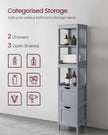 Bathroom Tall Cabinet – Wood – White – Freestanding Storage with 2 Drawers and 3 Open Shelves