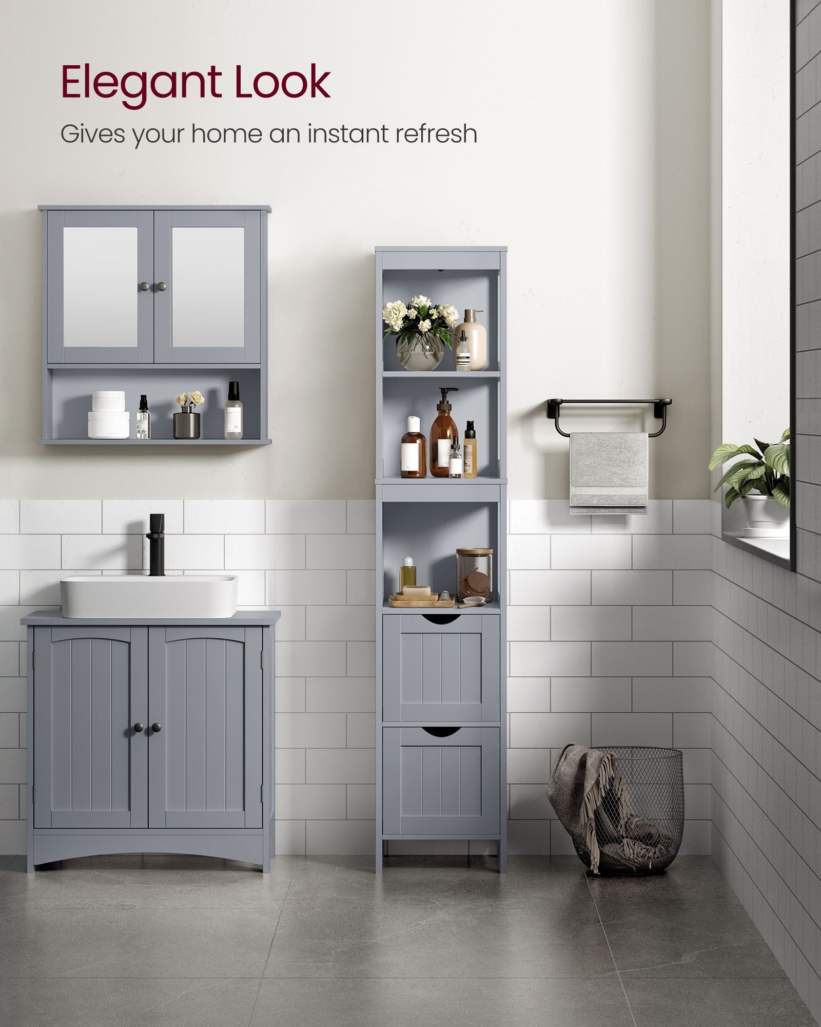 Bathroom Tall Cabinet – Wood – White – Freestanding Storage with 2 Drawers and 3 Open Shelves