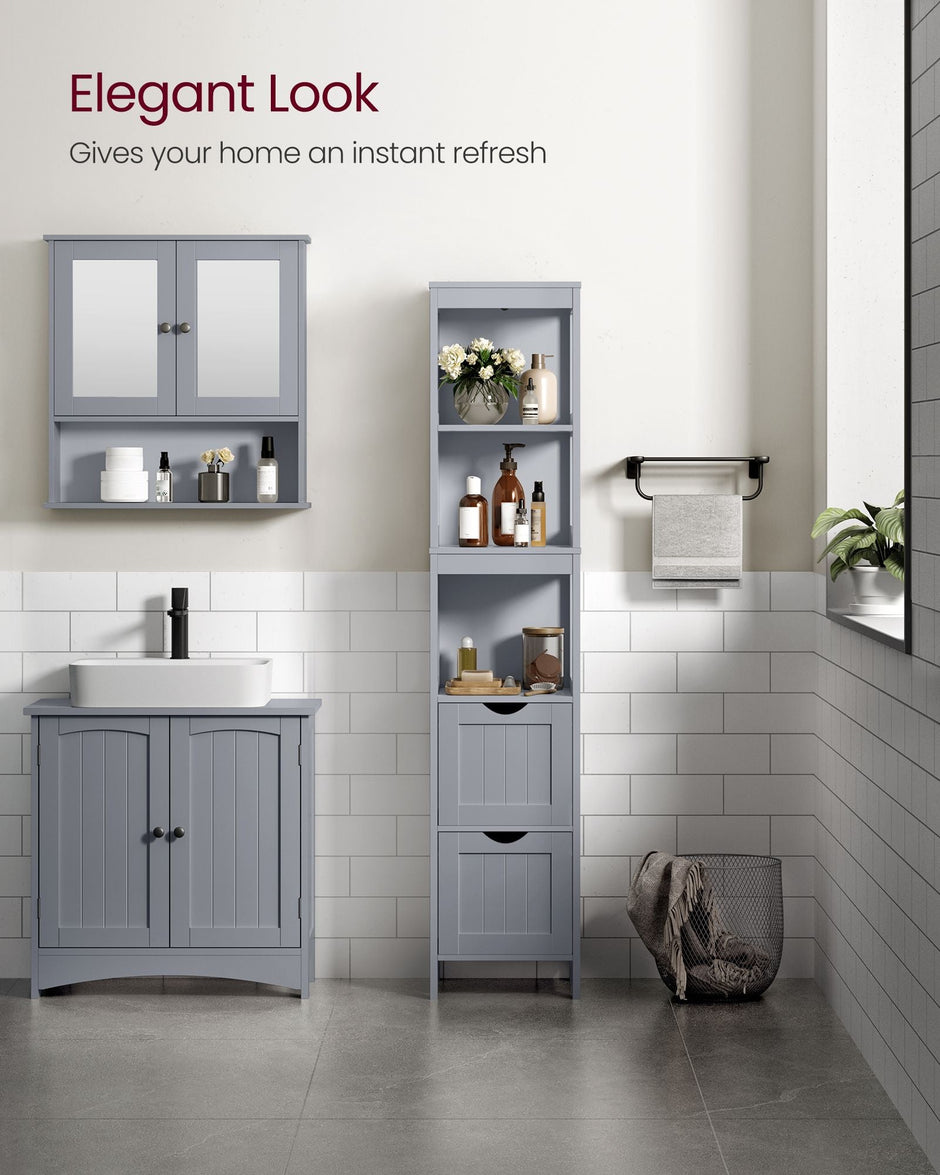 Bathroom Tall Cabinet – Wood – White – Freestanding Storage with 2 Drawers and 3 Open Shelves