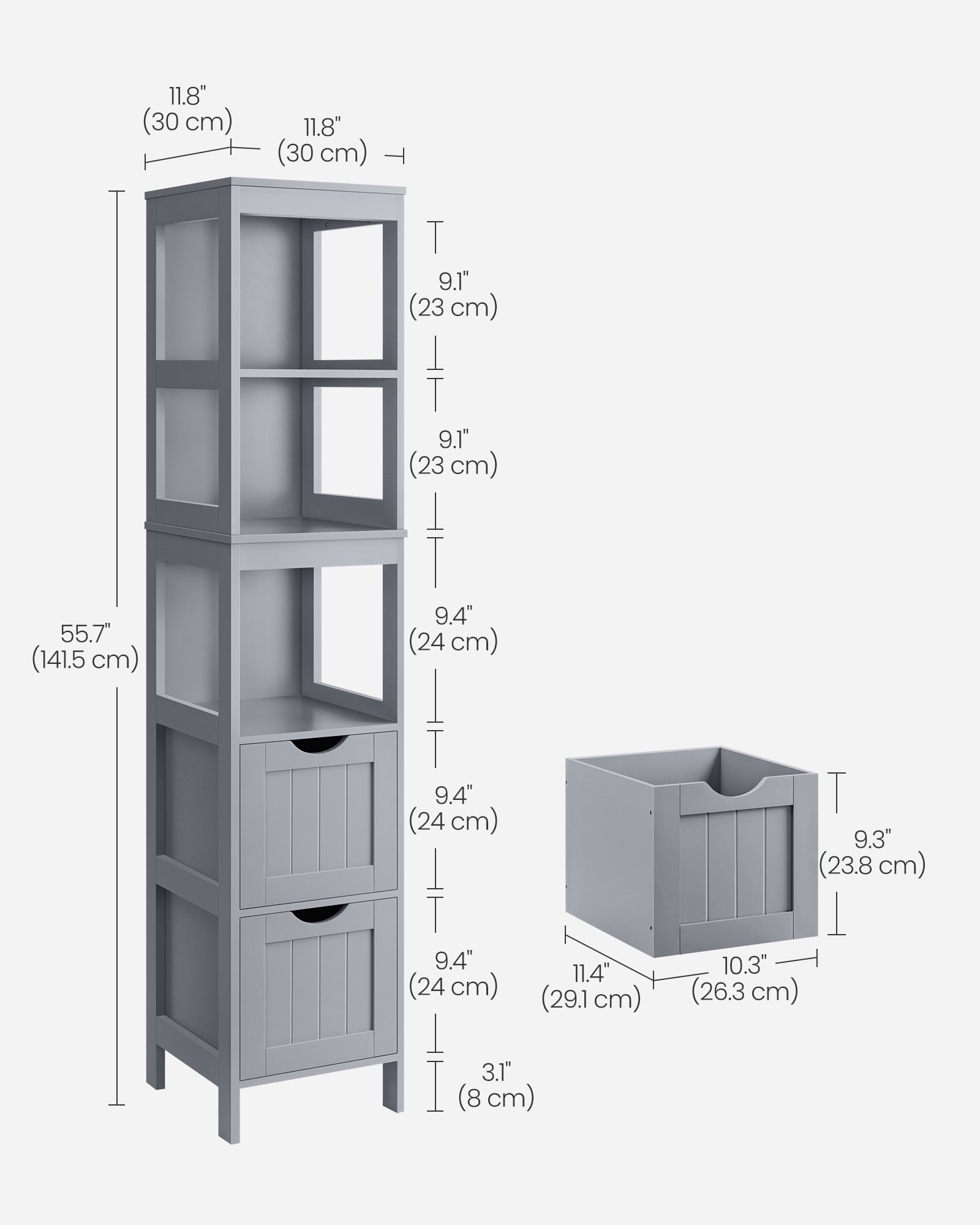 Bathroom Tall Cabinet – Wood – White – Freestanding Storage with 2 Drawers and 3 Open Shelves