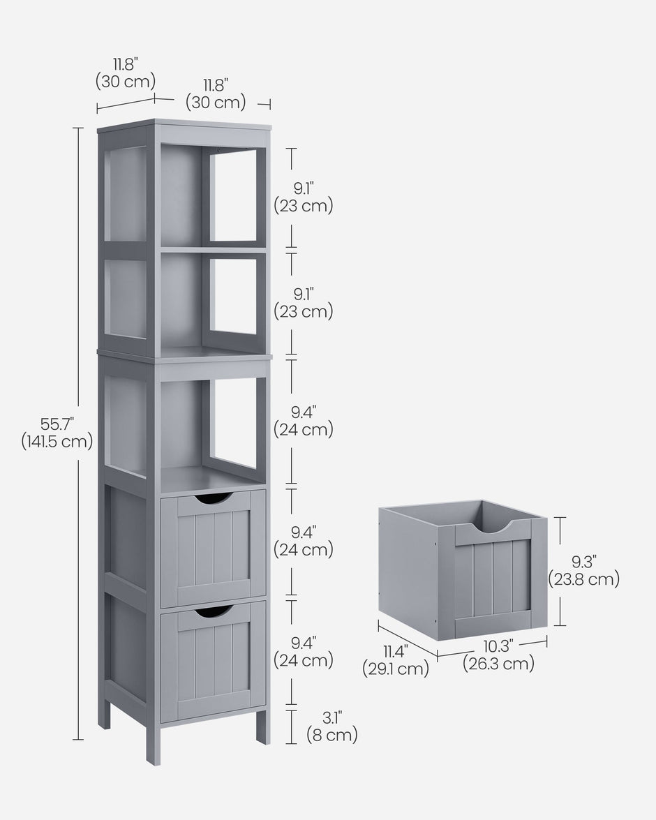 Bathroom Tall Cabinet – Wood – White – Freestanding Storage with 2 Drawers and 3 Open Shelves