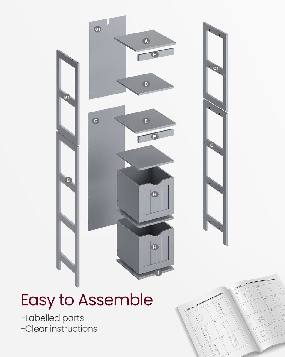 Bathroom Tall Cabinet – Wood – White – Freestanding Storage with 2 Drawers and 3 Open Shelves