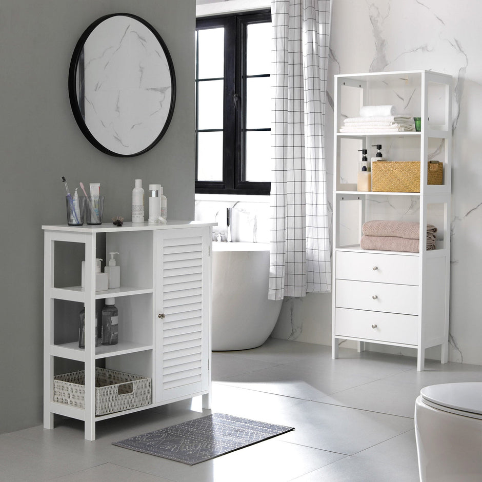 Bathroom Storage Cabinet – Wood – Matte White – Scandinavian Design with Louvred Door and Adjustable Shelf
