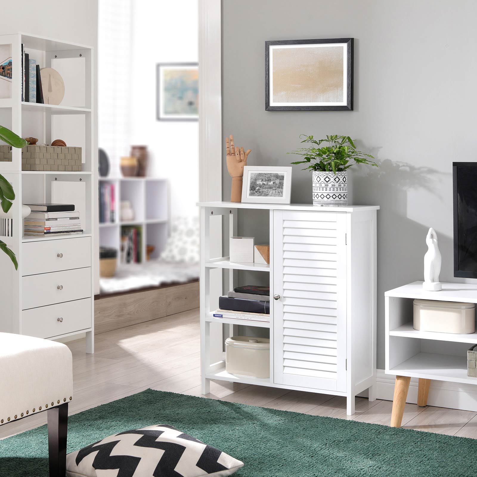 Bathroom Storage Cabinet – Wood – Matte White – Scandinavian Design with Louvred Door and Adjustable Shelf