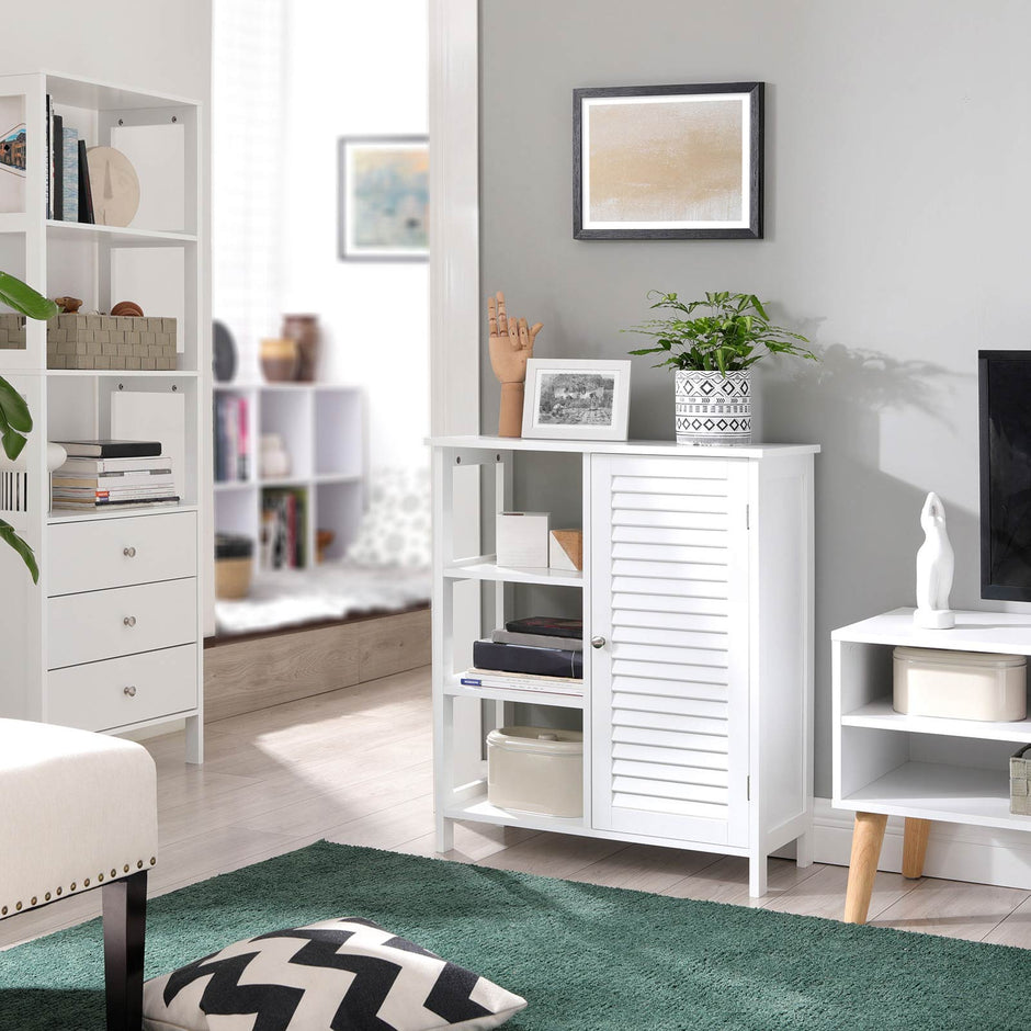 Bathroom Storage Cabinet – Wood – Matte White – Scandinavian Design with Louvred Door and Adjustable Shelf