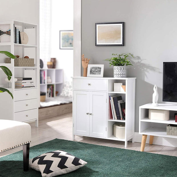 Bathroom Cabinet – Wood – Matte White – Adjustable Shelves and Drawer Storage