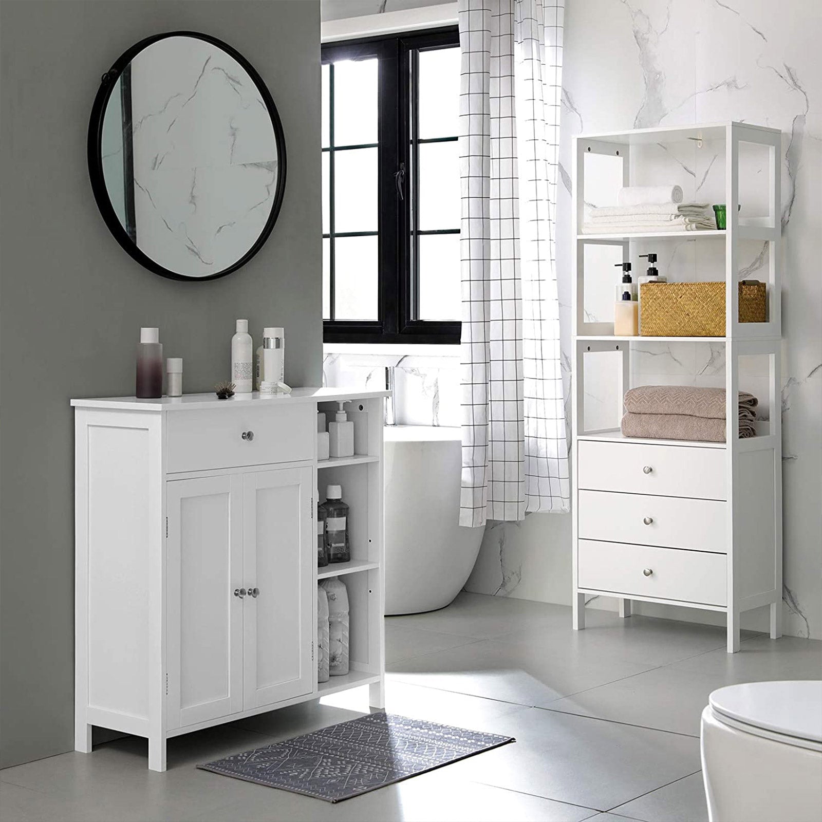 Bathroom Cabinet – Wood – Matte White – Adjustable Shelves and Drawer Storage