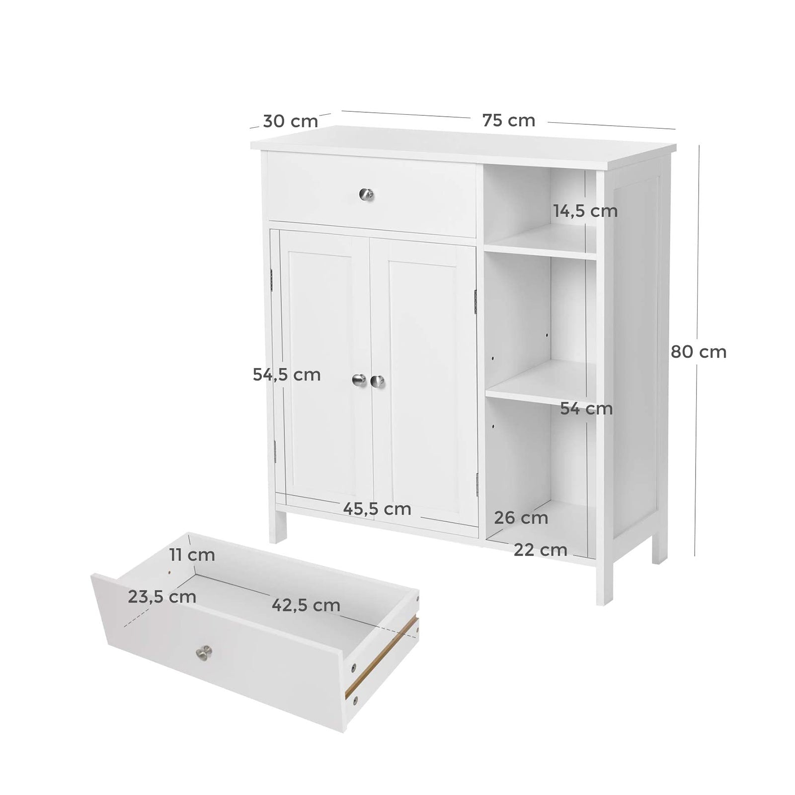 Bathroom Cabinet – Wood – Matte White – Adjustable Shelves and Drawer Storage