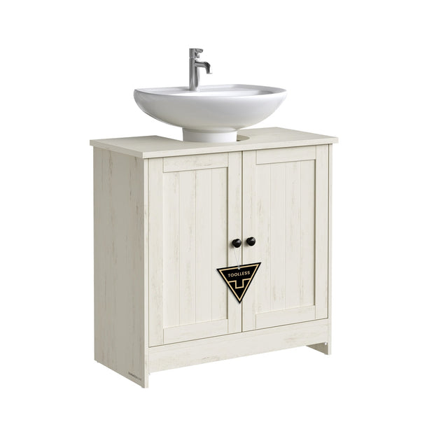 Bathroom Under Sink Cabinet – Wood – Rustic White – Adjustable Storage Shelf