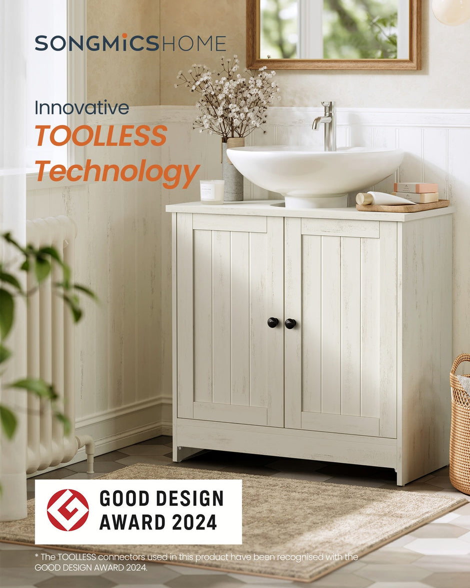 Bathroom Under Sink Cabinet – Wood – Rustic White – Adjustable Storage Shelf