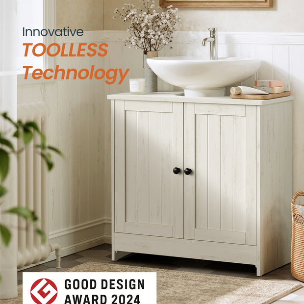 Bathroom Under Sink Cabinet – Wood – Rustic White – Adjustable Storage Shelf