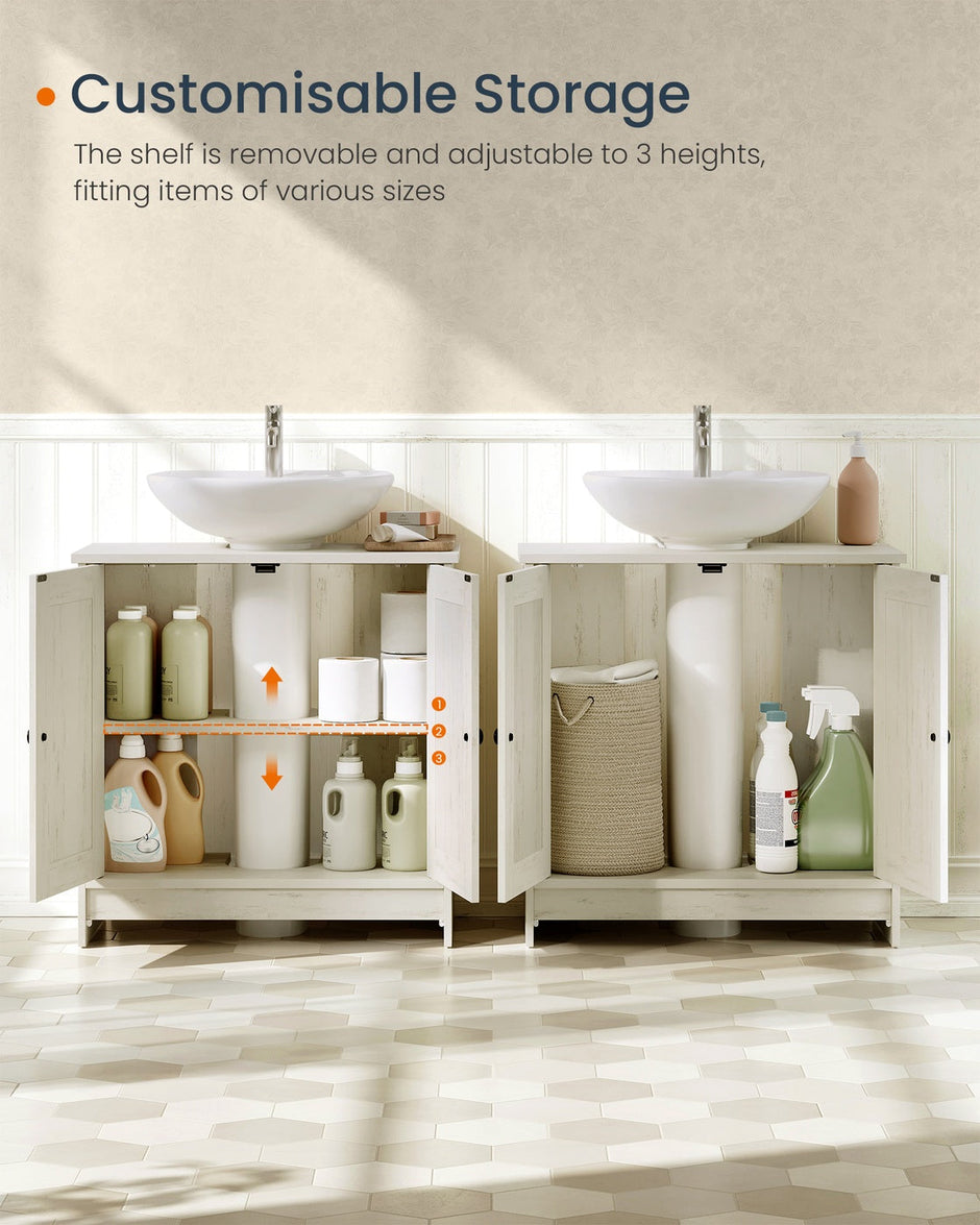 Bathroom Under Sink Cabinet – Wood – Rustic White – Adjustable Storage Shelf