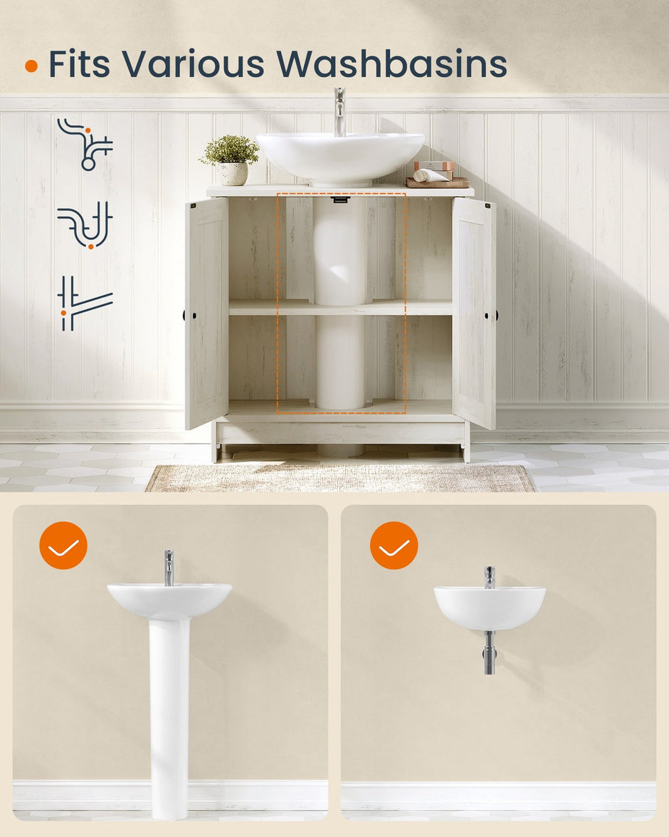 Bathroom Under Sink Cabinet – Wood – Rustic White – Adjustable Storage Shelf
