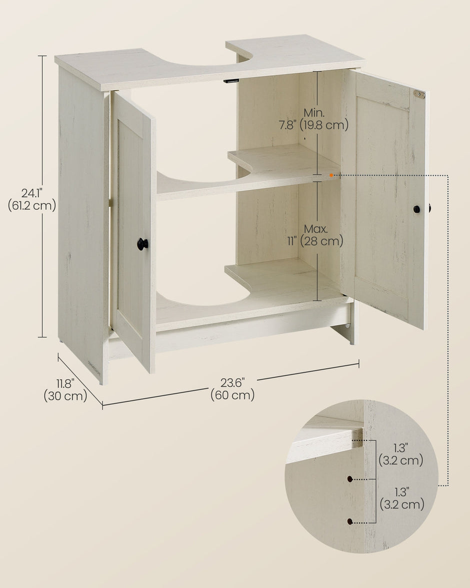 Bathroom Under Sink Cabinet – Wood – Rustic White – Adjustable Storage Shelf