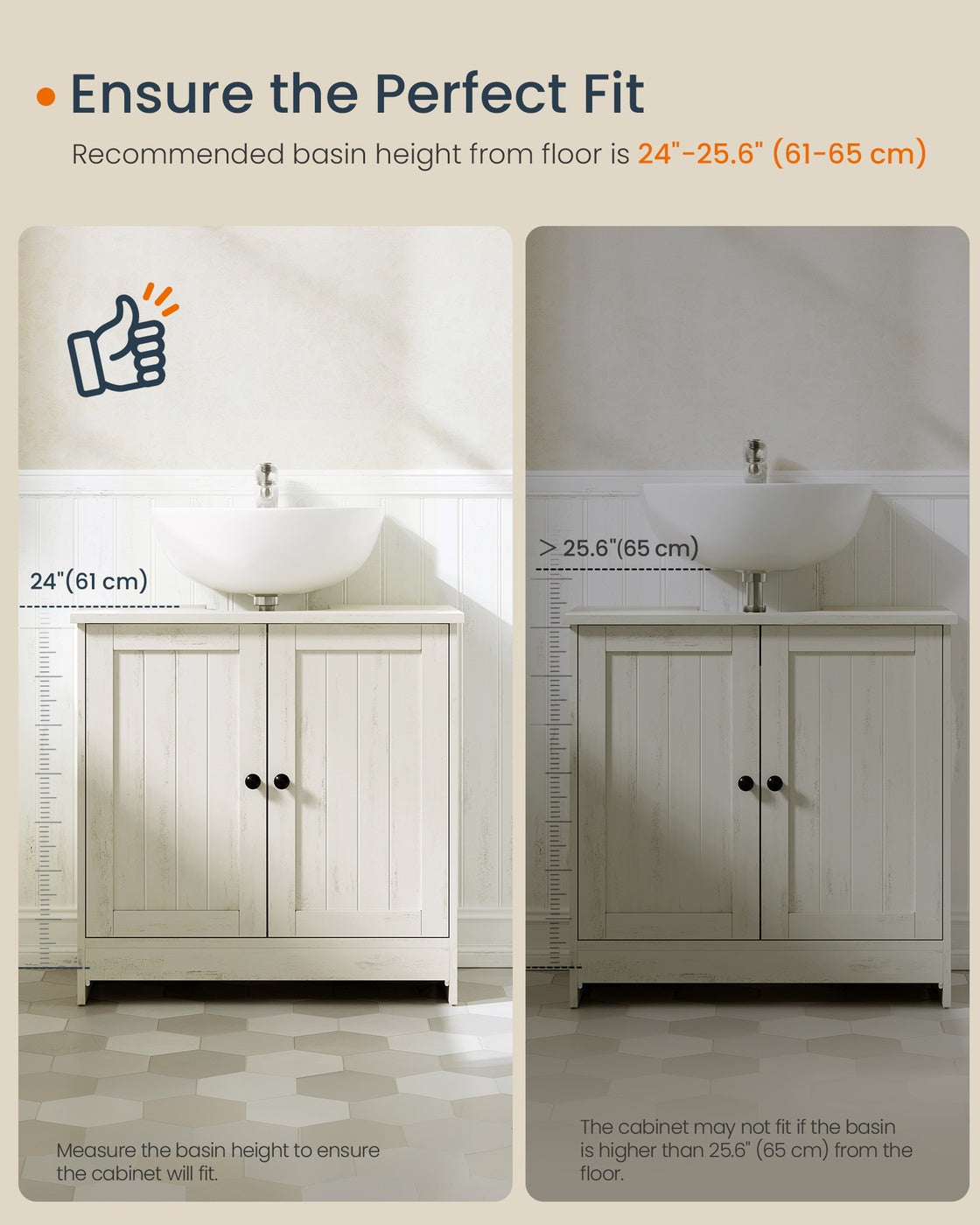 Bathroom Under Sink Cabinet – Wood – Rustic White – Adjustable Storage Shelf