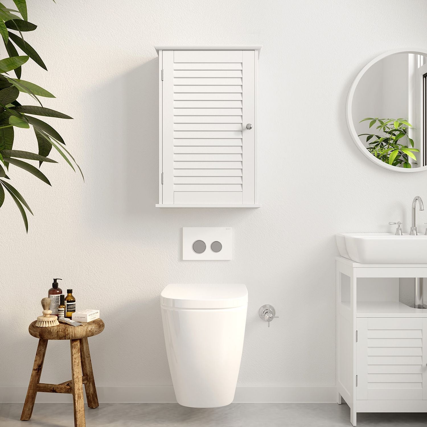 Wall Cabinet – Wooden – White – Adjustable Shelf and Shutter Door