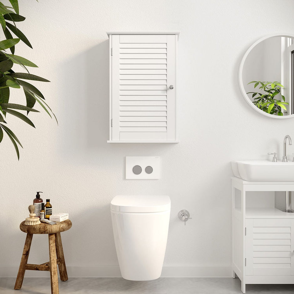 Wall Cabinet – Wooden – White – Adjustable Shelf and Shutter Door