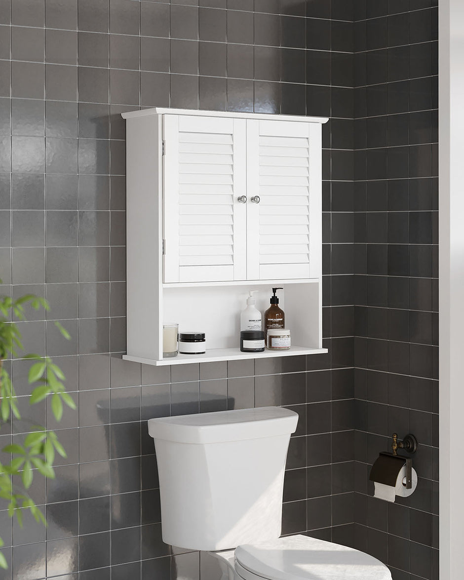 Hanging Bathroom Storage Cabinet – Wooden – White – Adjustable Shelf and Double Shutter Doors